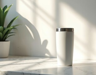 Poster - Tumbler mockup with deep shadows on marble countertop. Sleek, modern editorial composition with shadow play. White cup, metal cap, ideal for design, drinkware. Sunlit interior with plant.