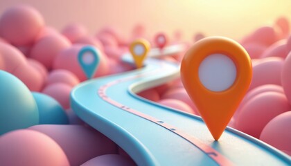 Aufkleber - Abstract digital artwork features winding road, location markers, vivid colors. Perspective navigation concept. Journey exploration, destination. Ideal for travel tech, future way, innovative