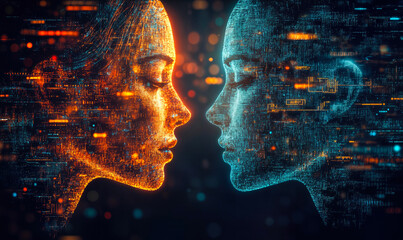 Poster - Digital human faces facing each other composed of glowing circuit patterns and abstract data streams symbolizing artificial intelligence and emotional connection in technology
