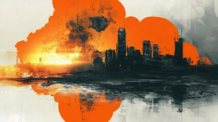 Poster - A burning city with thick smoke billowing out, ideal for depicting disaster or chaos