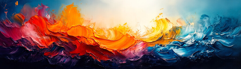 Poster - Vibrant abstract oil painting with dynamic flowing waves of red orange yellow and blue textured brushstrokes on canvas background