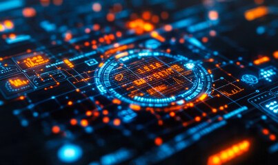 Fototapete - Futuristic digital interface with glowing blue and orange data elements and circular HUD display technology background for AI and cybersecurity concept