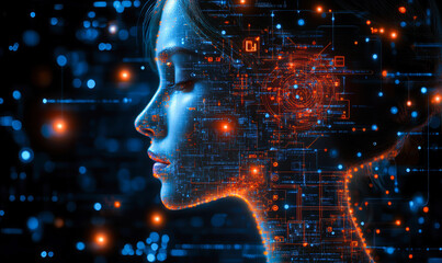 Poster - Digital human profile with abstract illuminated artificial intelligence neural network and futuristic technology concept background in blue and orange colors