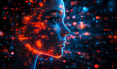 Poster - Digital human face composed of glowing red and blue data streams in futuristic abstract style representing artificial intelligence and technology innovation concept