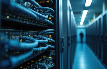 Aufkleber - Network cables connected to server racks in data center room. Modern tech infrastructure, data storage, cloud computing, data processing, and digital information flow. Person walks away down aisle.