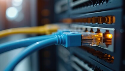 Aufkleber - Network server rack, fiber optic cable connects to optical port. UTP network cable connects to Ethernet port. Server rack, front panel switch ports. Modern tech, data center.