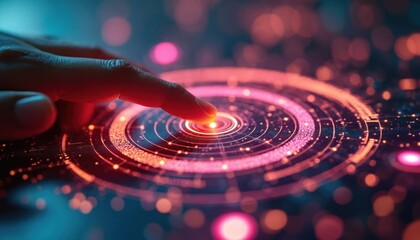 Aufkleber - Fingertip touches glowing digital interface. Futuristic tech concept, seamless interaction, modern design. Touchscreen, innovation, progress, potential, high-tech, AI, data visualization.
