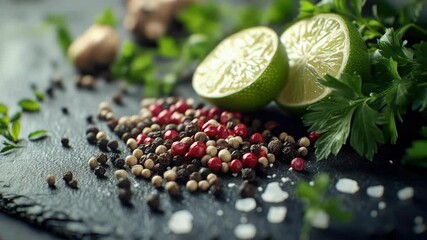 Poster - Freshly cut ingredients on a wooden cutting board with pepper, lime, and peppercorns