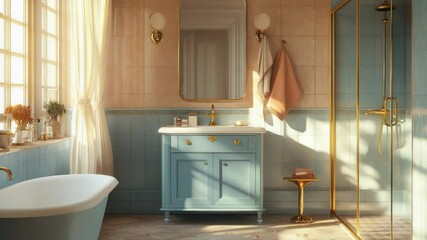 Poster - Modern bathroom with sink, bathtub, and mirror