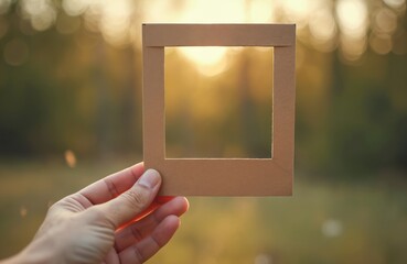 Aufkleber - Hand holds blank paper frame with nature bokeh background. Mockup template for business messages, greeting card, presentation. Conceptual image of advertising banner coupon, creating visual