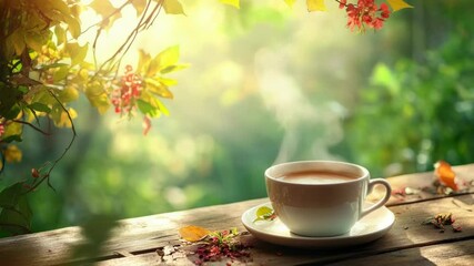 Aufkleber - A cup of coffee sits on a wooden table
