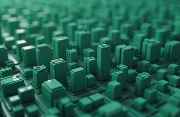 Aufkleber - Aerial view of a modern city, green color 3d rendering buildings, city map, green tech. Concept of smart city, urban tech, innovation, tech background. Ideal for architecture, real estate, business.