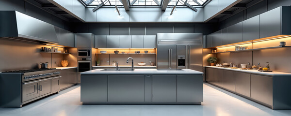 Poster - Modern industrial kitchen interior. Stainless steel cabinets appliances. Bright light open space. Minimalist design. White counter workspace. Contemporary cooking area. Professional design for