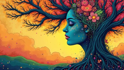Poster - Abstract illustration merges woman tree. Artistic design showing nature connection, fantasy concept. Vibrant colors create serene mood. Unique art for meditation, wellness, yoga, spirituality