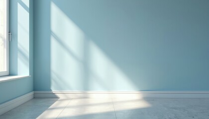 Aufkleber - Modern interior background with light blue wall, light concrete floor. Minimalist design with natural light, window, shadow. Blank room for presentation, product placement, advertising, branding.