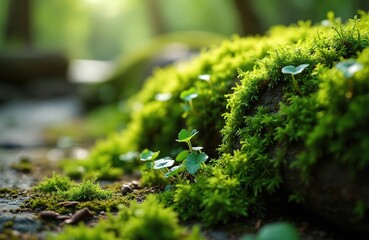 Poster - Close-up of vibrant green moss, tiny plants. Sunlit forest scene. Natural background with fresh, lively textures. Eco-friendly, sustainable background for eco-conscious content. Perfect for projects,