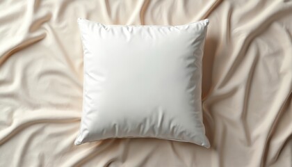 Poster - White square pillow on light beige textured bedsheet. Top view of soft bedding. Minimalist home decor concept. Comfort and relaxation. Sleep rest template for product presentation.