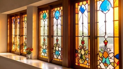 Poster - Stained glass windows with wooden frames and colorful geometric patterns catching warm sunlight inside a vintage style building