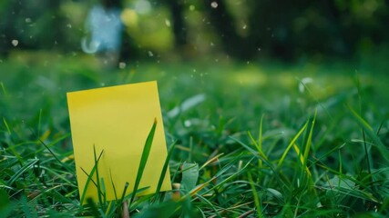 Poster - A simple and isolated scene of a yellow paper lying on green grass, perfect for using as a background or adding to other compositions