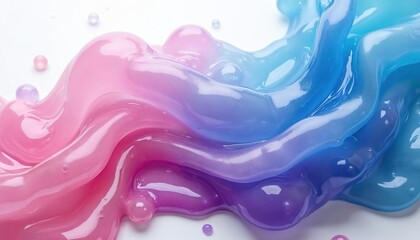 Poster - Abstract slime background. Pink, blue, purple gradient liquid texture with bubbles, flowing smooth waves. Glossy, shiny gel design. Creative art wallpaper for cosmetic product ads.