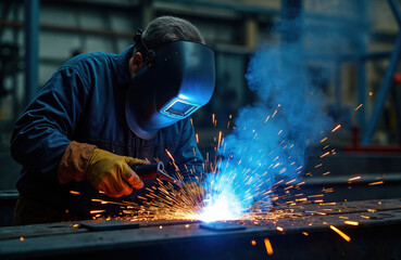 Poster - Welder welds metal structures at factory. Sparks and fire. Steel construction, metal work production process. Protective mask. Welding technical equipment. Industrial labor manufacturing.
