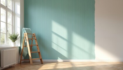 Poster - Interior renovation process. Empty room with parquet floor, wooden ladder, pastel blue striped wallpaper. White walls. Sunlight shadows. Housework and decoration concept with copy space.