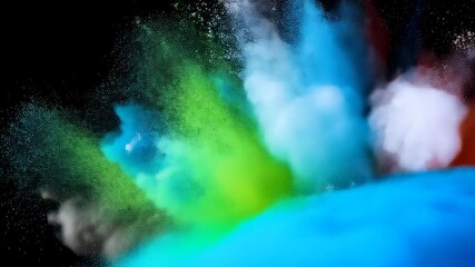 Poster - Dramatic explosion of bright blue, green, white, and orange powder on a black background creating a vibrant abstract cloud pattern.