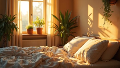 Poster - Cozy bedroom bathed in warm sunlight. Unmade bed, pillows, soft bedding create inviting atmosphere. Plants add natural touch. Morning light fills interior, creating peaceful ambiance. Ideal for home