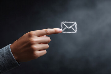 Poster - Hand pointing to a glowing email icon. Represents digital communication, notifications, or online connection. Perfect for tech, marketing, and business themes.