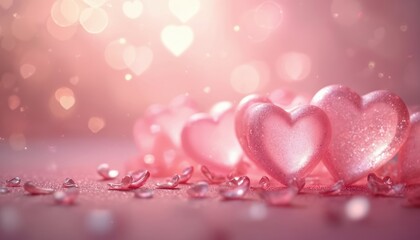 Wall Mural - Romantic bokeh background, pink hearts, petals. Soft blur effect. Festive, romantic, Valentine day themed design. Decoration, love, romance, wedding, engagement celebration.