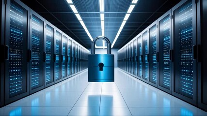 Poster - Secured server room with rows of digital data storage and central metallic blue padlock for cybersecurity protection