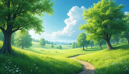 Poster - Summer landscape with green trees path grass, bright blue sky. Picturesque nature park, outdoor recreation, fresh air, eco tourism. Peaceful sunny day, perfect place for relaxing stroll.
