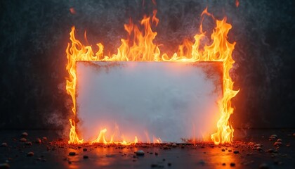 Poster - White paper sheet on fire. Burning flames around white blank area, black background. Concept heat, blaze, burn, empty space, text, message. Design frame for text, banner.