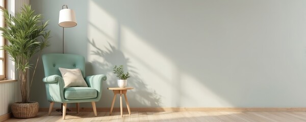Leinwandbilder - Cozy living room interior with armchair light green cushion. Minimal modern design. Empty apartment bright daylight. Plant near window. Comfortable furniture. Wooden floor pastel tones. Home decor