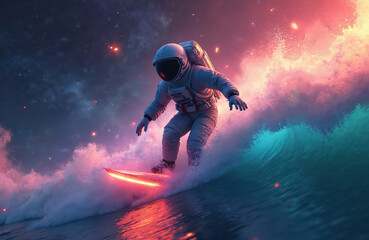 Aufkleber - Astronaut surfs on surfboard through galaxy nebula water waves, bright stars. Space adventure scene. Neon lights effect. Universe cosmos. Futuristic illustration. Galaxy surfing sport concept.