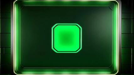 Poster - Glowing neon green square framed by a dark border, a futuristic and modern technological design element, backdrop and a room with tiled walls