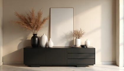 Poster - Minimalistic interior design features black commode with vases dry flowers. Beige wall background and stylish accessories create a modern atmosphere. Home decor template.
