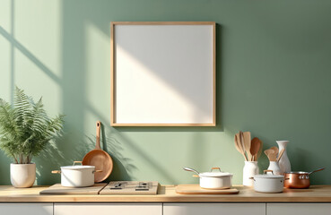 Aufkleber - Modern fern green kitchen with wooden frame on wall. Scandinavian interior design with blank space for advertising branding. Kitchen utensils, wooden decor. Minimalist home, apartment design, modern
