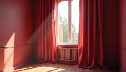 Poster - Sunlight streams through crimson curtains creating warm light. Window, wooden floor interior details. Red walls, classic elegant design. Home decor for luxury apartment house with minimalist interior.