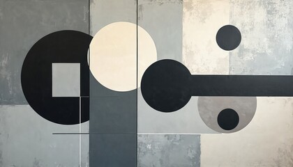 Fototapete - Abstract painting composed of simple geometric shapes circles squares lines, on cool gray background. Minimalist art with subtle texture. Trendy modern design. Ideal decor for interior design, web