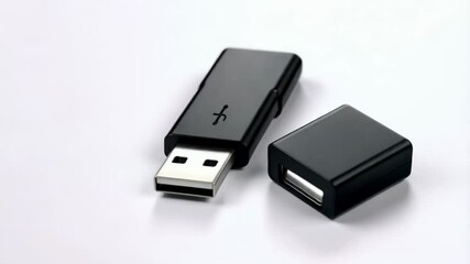 Poster - Black USB flash drive with cap off, lying next to the drive on a white background, showing the connectors for data storage and transfer