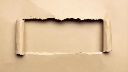 Poster - Ripped and rolled-up edges of a light brown paper background with a rectangular opening for copy, messages, or designs.  Neutral backdrop.