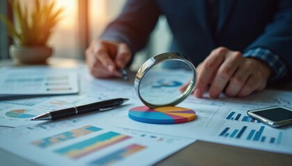 Fototapete - Financial analyst working with charts graphs reports on table. Business strategy audit concept. Man uses magnifying glass over pie chart. Analyzing finance investment market, economy information,