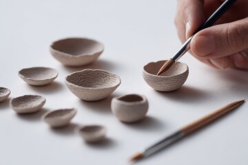 Poster - Intricate clay miniature dishes meticulously crafted on a clean surface, showcasing artistic skill and dedication in each detail