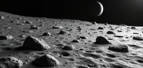 Poster - Close-up view of moon surface with craters and rugged terrain. Lunar rocks and dust, satellite in background, full moon on sky. Ideal for sci-fi, space exploration projects, science publications.