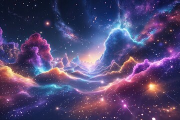 Poster - Celestial Panorama with Vibrant Particles and Luminous Geometric Designs