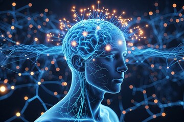 Poster - Electric Mind: A Digital Landscape with Blue Neural Paths and Radiant Points