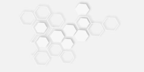 Poster - Abstract white hexagons arranged diagonally white background creating  modern and clean design featuring  cluster of interconnected hexagons aesthetic.