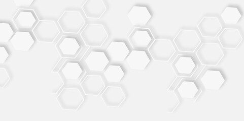 Poster - Abstract white hexagons arranged diagonally white background creating  modern and clean design featuring  cluster of interconnected hexagons aesthetic.
