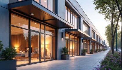 Poster - Modern retail business complex with inviting storefronts, office spaces for rent purchase. Sleek awning design with glass windows, doors. Urban architecture shows interior office view in contemporary